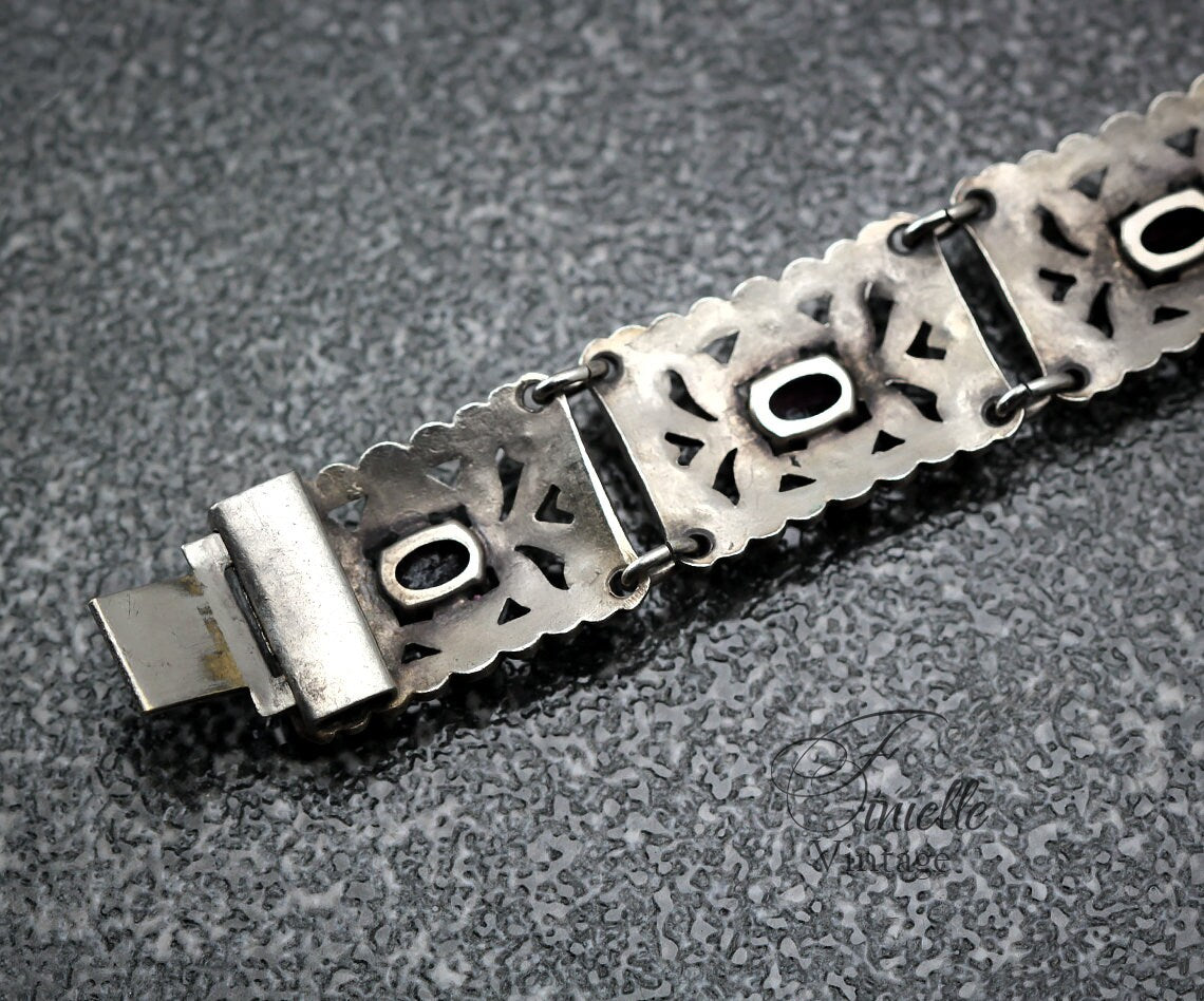 Antique 1920s Art Deco Filigree Panel Bracelet, Amethyst Glass Purple Rhinestones & Marcasite, Silver Plated Brass, Unique Gift Jewelry