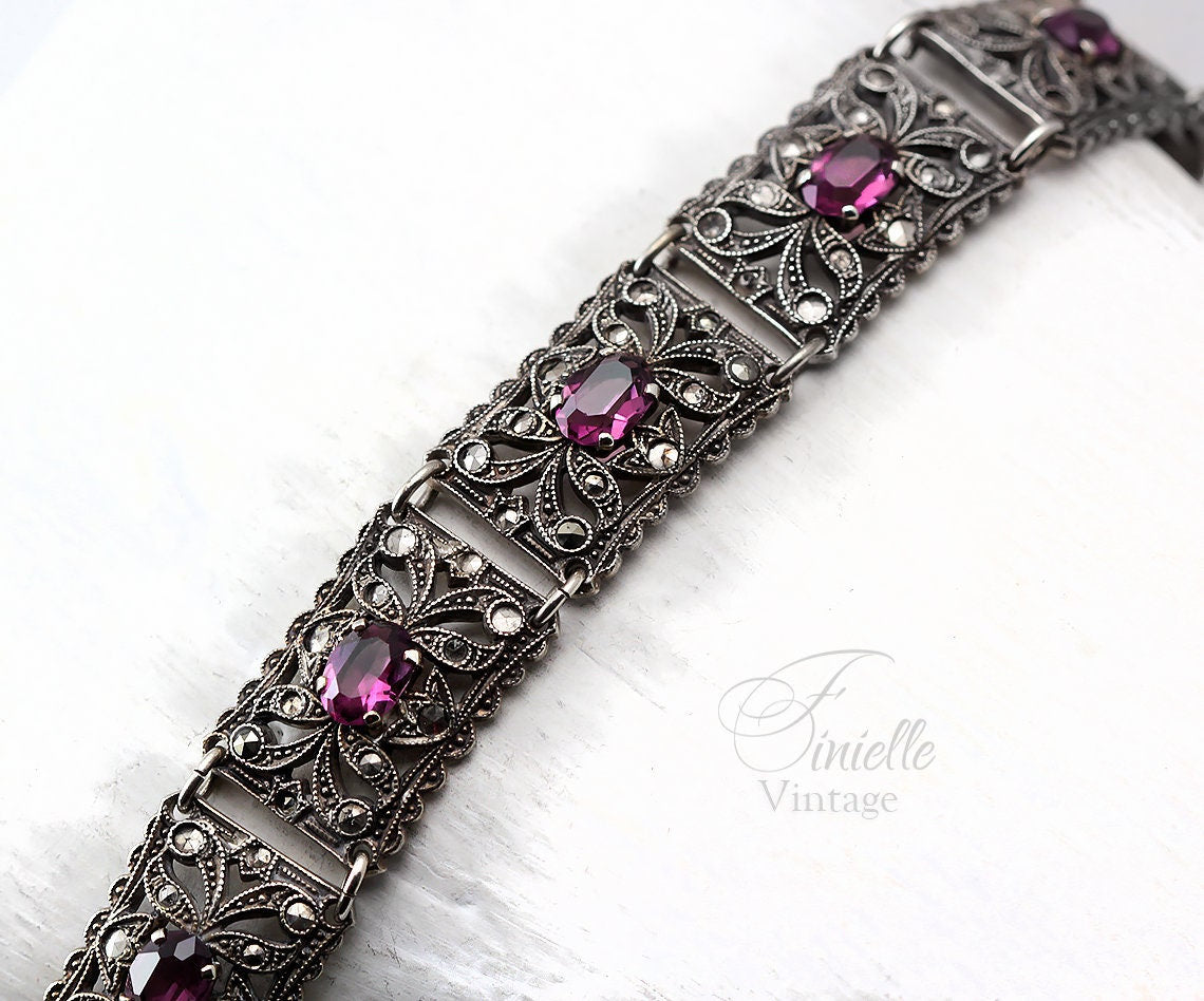 Antique 1920s Art Deco Filigree Panel Bracelet, Amethyst Glass Purple Rhinestones & Marcasite, Silver Plated Brass, Unique Gift Jewelry