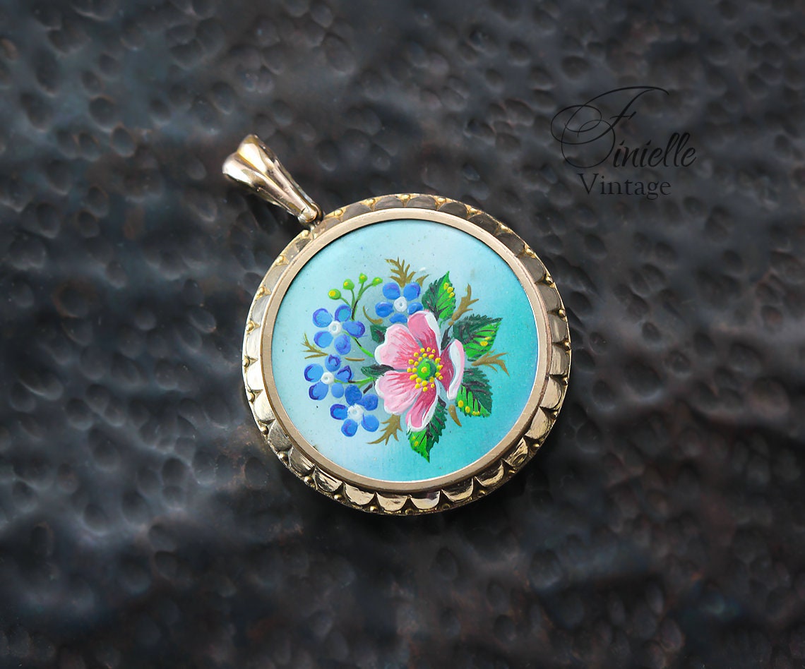 Antique Edwardian c1910 Rolled Rose Gold Micro Hand Painted Front Floral Locket Pendant, Stamped Rolled Gold, Unique Jewelry Jewellery Gift