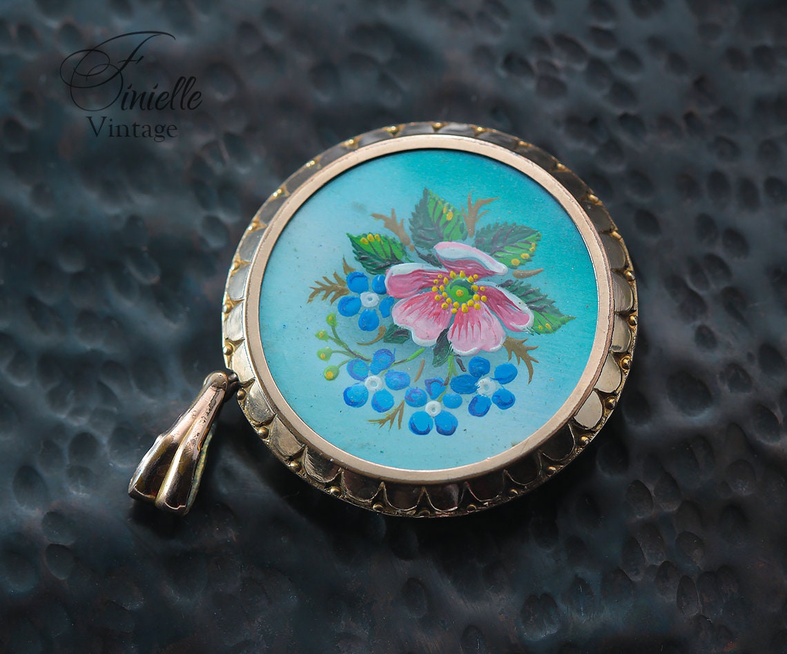 Antique Edwardian c1910 Rolled Rose Gold Micro Hand Painted Front Floral Locket Pendant, Stamped Rolled Gold, Unique Jewelry Jewellery Gift