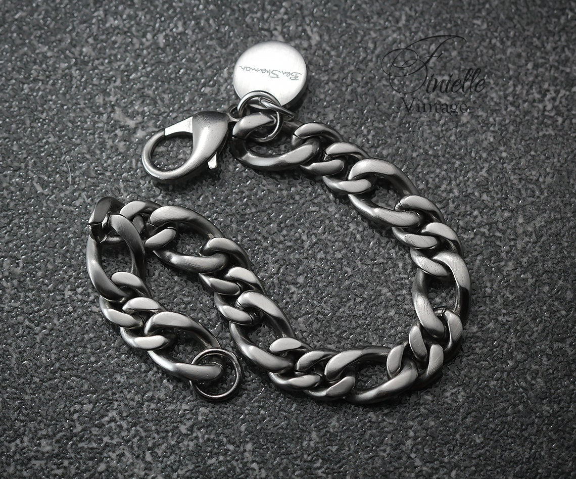 Vintage 1980s Original Ben Sherman Heavy Chunky Stainless Steel Chain Curb Men Bracelet, Silver Tone, Gift Jewelry Jewellery for Him