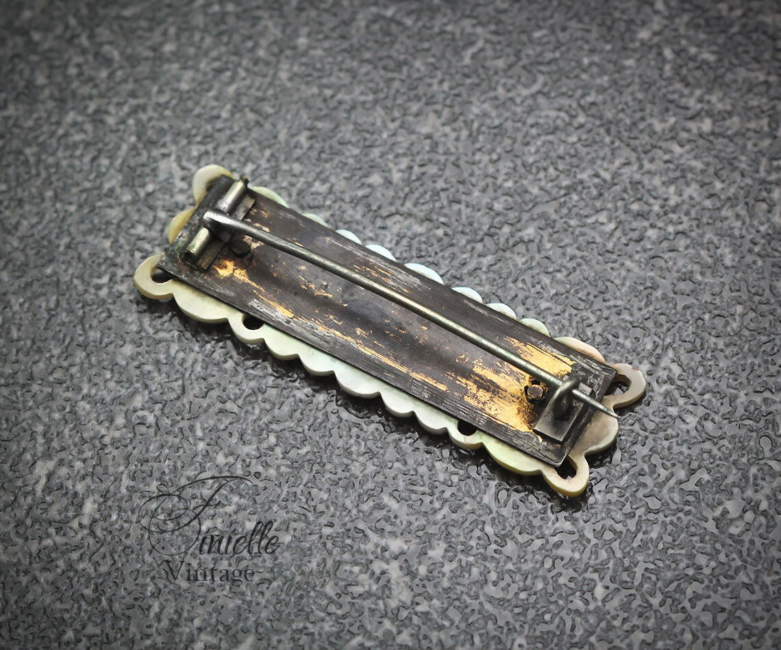 Antique Victorian Era 1880-1900 Hand Carved Mother of Pearl Shell Brooch Pin, Gold Filled Brass, Unique Gift Jewelry Jewellery