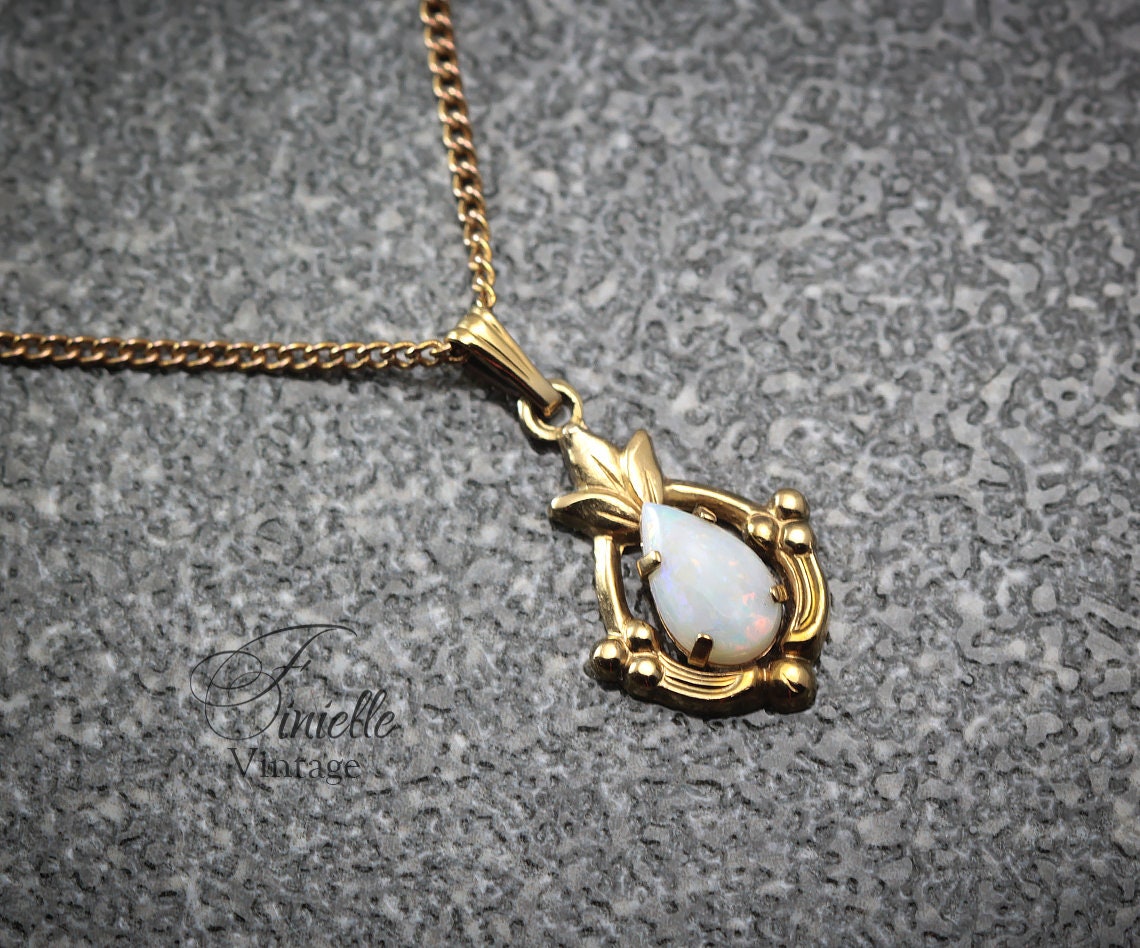 Vintage 1960s 12K Gold-Filled Small Pendant Necklace, Natural Opal, 18.5" Gilded Chain, Unique Vintage Jewelry Jewellery, Gift for Woman