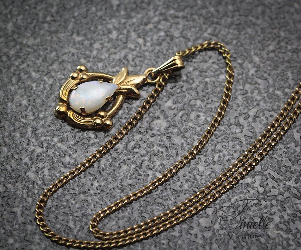 Vintage 1960s 12K Gold-Filled Small Pendant Necklace, Natural Opal, 18.5" Gilded Chain, Unique Vintage Jewelry Jewellery, Gift for Woman