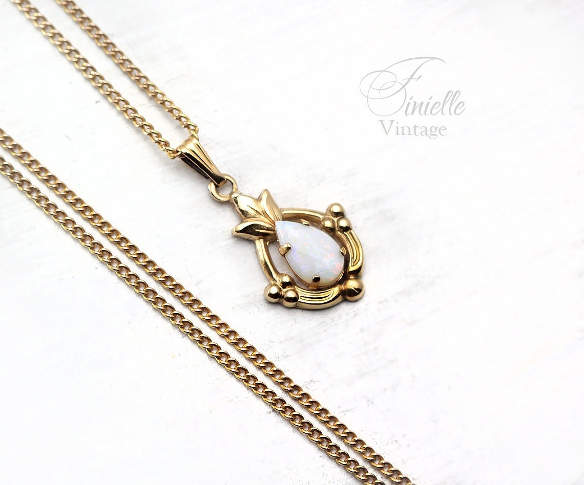 Vintage 1960s 12K Gold-Filled Small Pendant Necklace, Natural Opal, 18.5" Gilded Chain, Unique Vintage Jewelry Jewellery, Gift for Woman