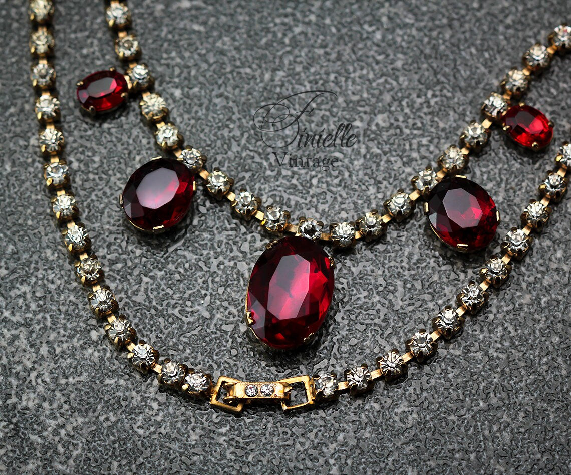 Vintage 1940-1950s Art Deco Czech Gold Plated Necklace, Garnet Red and Clear Glass Rhinestones, Unique Jewelry, Jewellery, Gift for Woman