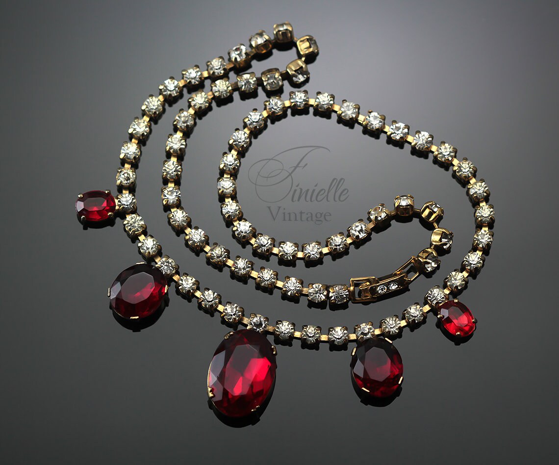 Vintage 1940-1950s Art Deco Czech Gold Plated Necklace, Garnet Red and Clear Glass Rhinestones, Unique Jewelry, Jewellery, Gift for Woman
