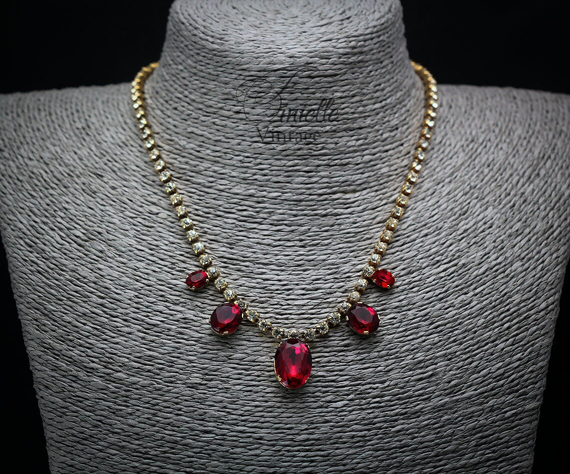 Vintage 1940-1950s Art Deco Czech Gold Plated Necklace, Garnet Red and Clear Glass Rhinestones, Unique Jewelry, Jewellery, Gift for Woman