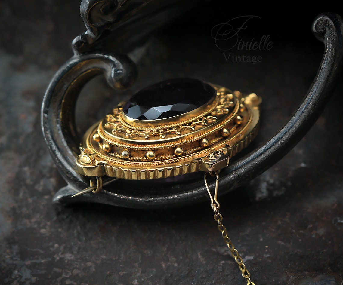 Antique Victorian 1860-1880 Etruscan Revival Locket Gilded Ornate Brooch, Glass Amethyst, Safety Chain, Unique Gift Jewelry Jewellery