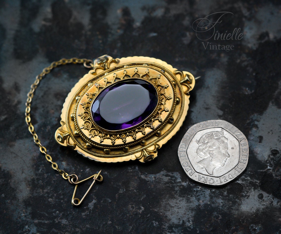 Antique Victorian 1860-1880 Etruscan Revival Locket Gilded Ornate Brooch, Glass Amethyst, Safety Chain, Unique Gift Jewelry Jewellery