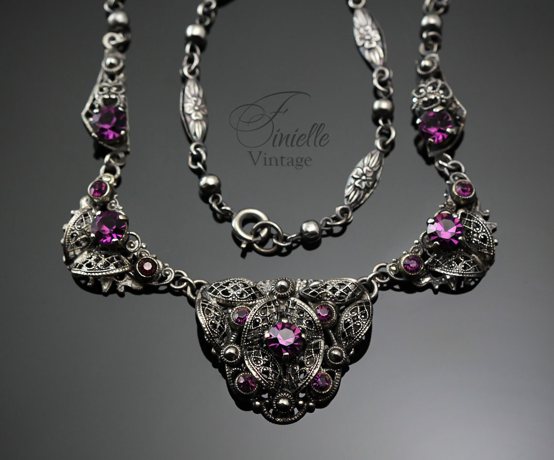 Vintage Art Deco 1920s-30s, Czech Craftsmanship Bohemian Filigree Necklace, Amethyst Crystal Rhinestones, Silver Plated, Unique Jewelry Gift