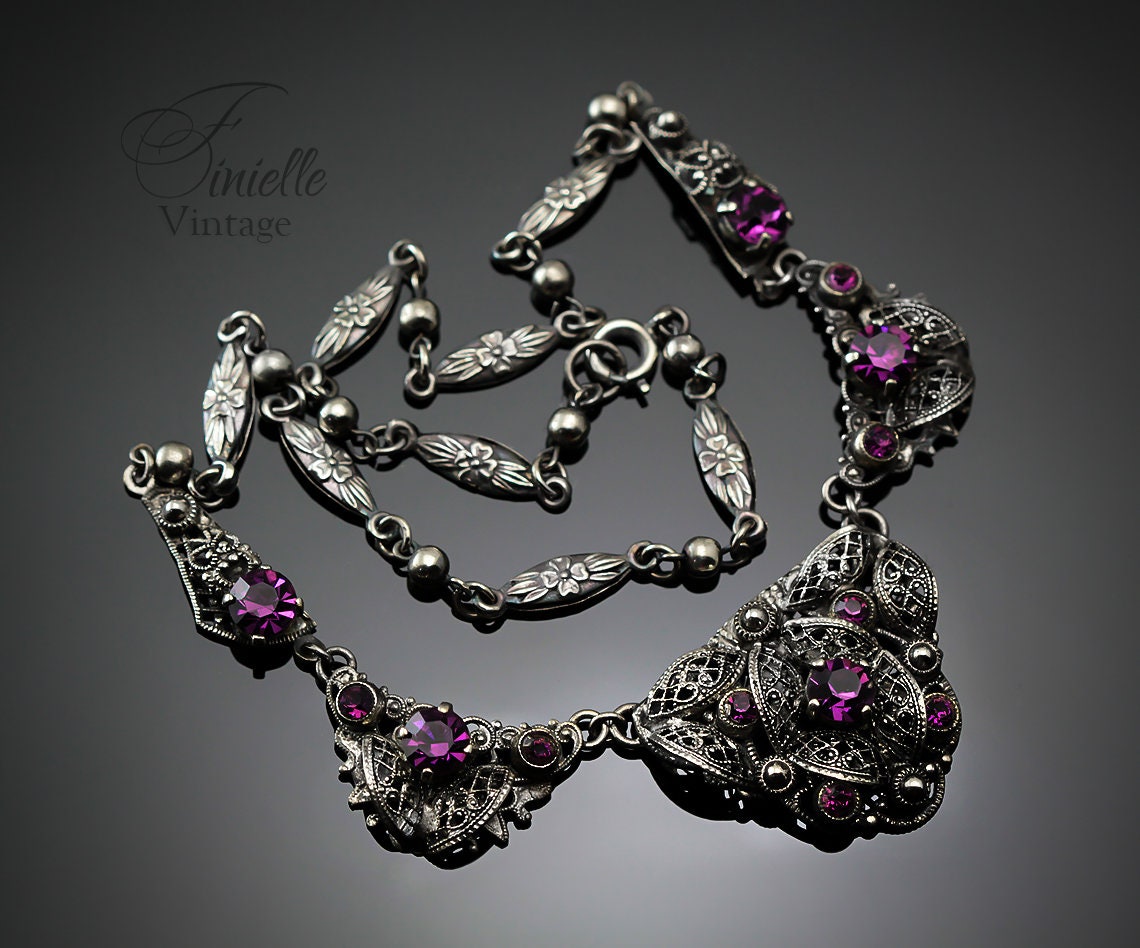 Vintage Art Deco 1920s-30s, Czech Craftsmanship Bohemian Filigree Necklace, Amethyst Crystal Rhinestones, Silver Plated, Unique Jewelry Gift