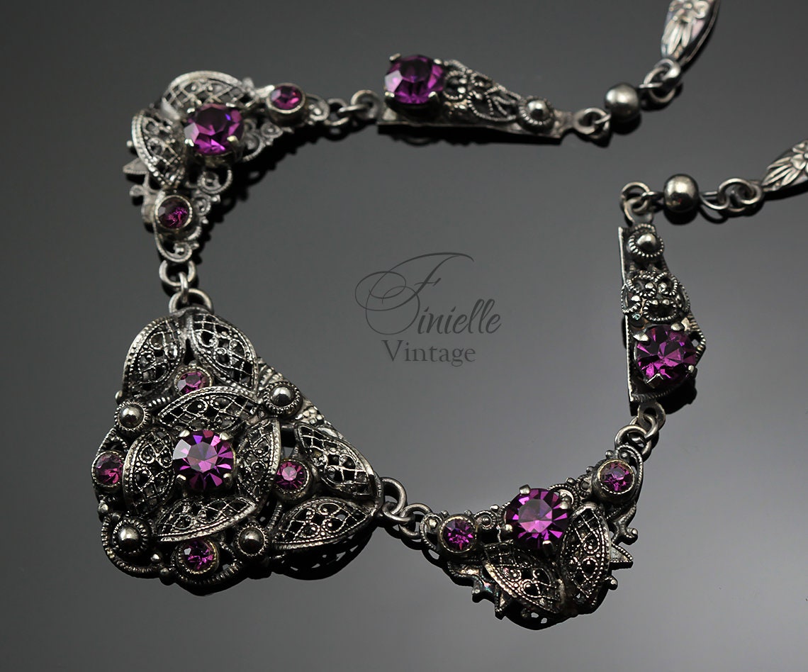 Vintage Art Deco 1920s-30s, Czech Craftsmanship Bohemian Filigree Necklace, Amethyst Crystal Rhinestones, Silver Plated, Unique Jewelry Gift