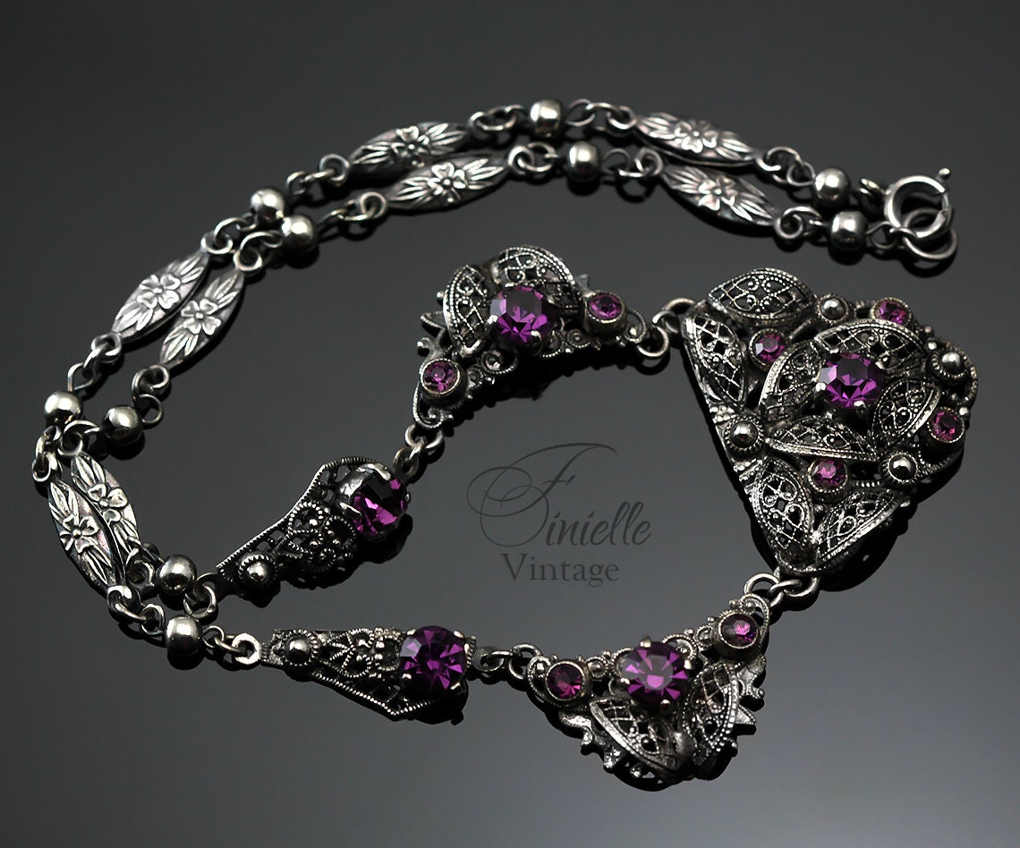 Vintage Art Deco 1920s-30s, Czech Craftsmanship Bohemian Filigree Necklace, Amethyst Crystal Rhinestones, Silver Plated, Unique Jewelry Gift