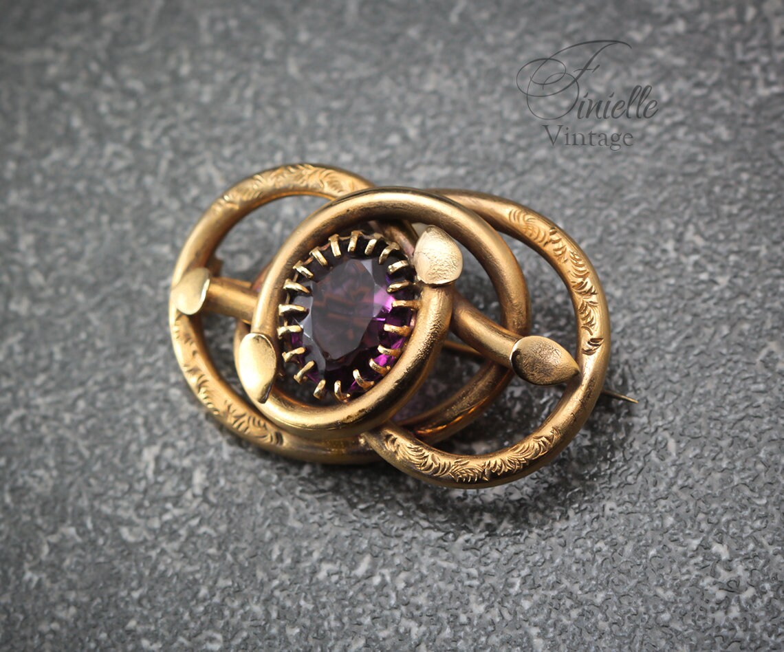 Antique Victorian c1900, 18Ct Gilded Eternal Love Celtic Style Love Knot Large Brooch, Purple Glass Faux Amethyst