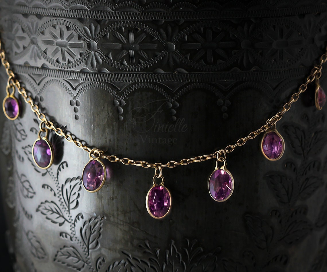 Antique Vintage c1920-30s Art Deco Gilded Necklace, Open Back Drop Purple Amethyst, Unique Jewelry Jewellery, Gift for Woman