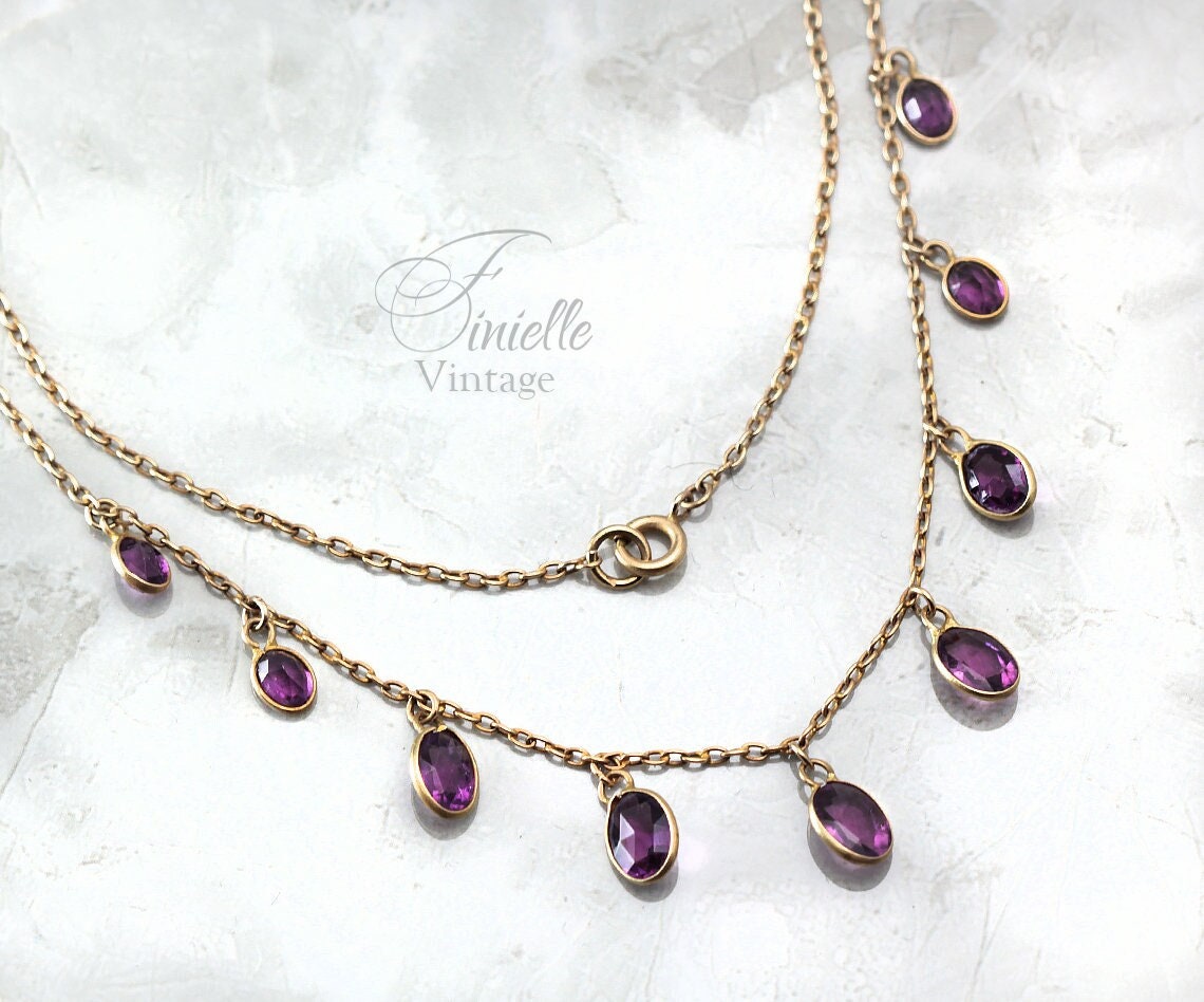 Antique Vintage c1920-30s Art Deco Gilded Necklace, Open Back Drop Purple Amethyst, Unique Jewelry Jewellery, Gift for Woman