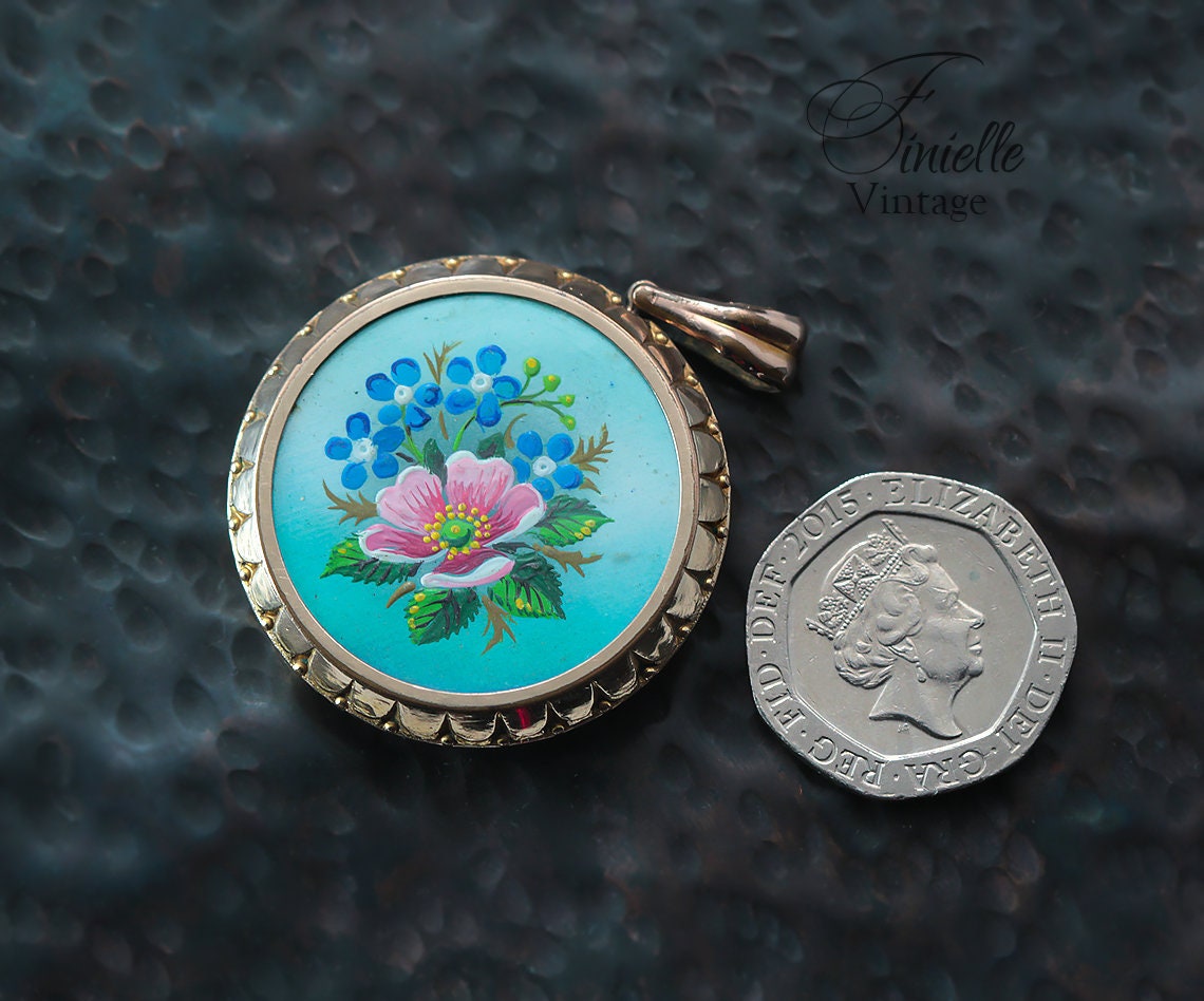 Antique Edwardian c1910 Rolled Rose Gold Micro Hand Painted Front Floral Locket Pendant, Stamped Rolled Gold, Unique Jewelry Jewellery Gift