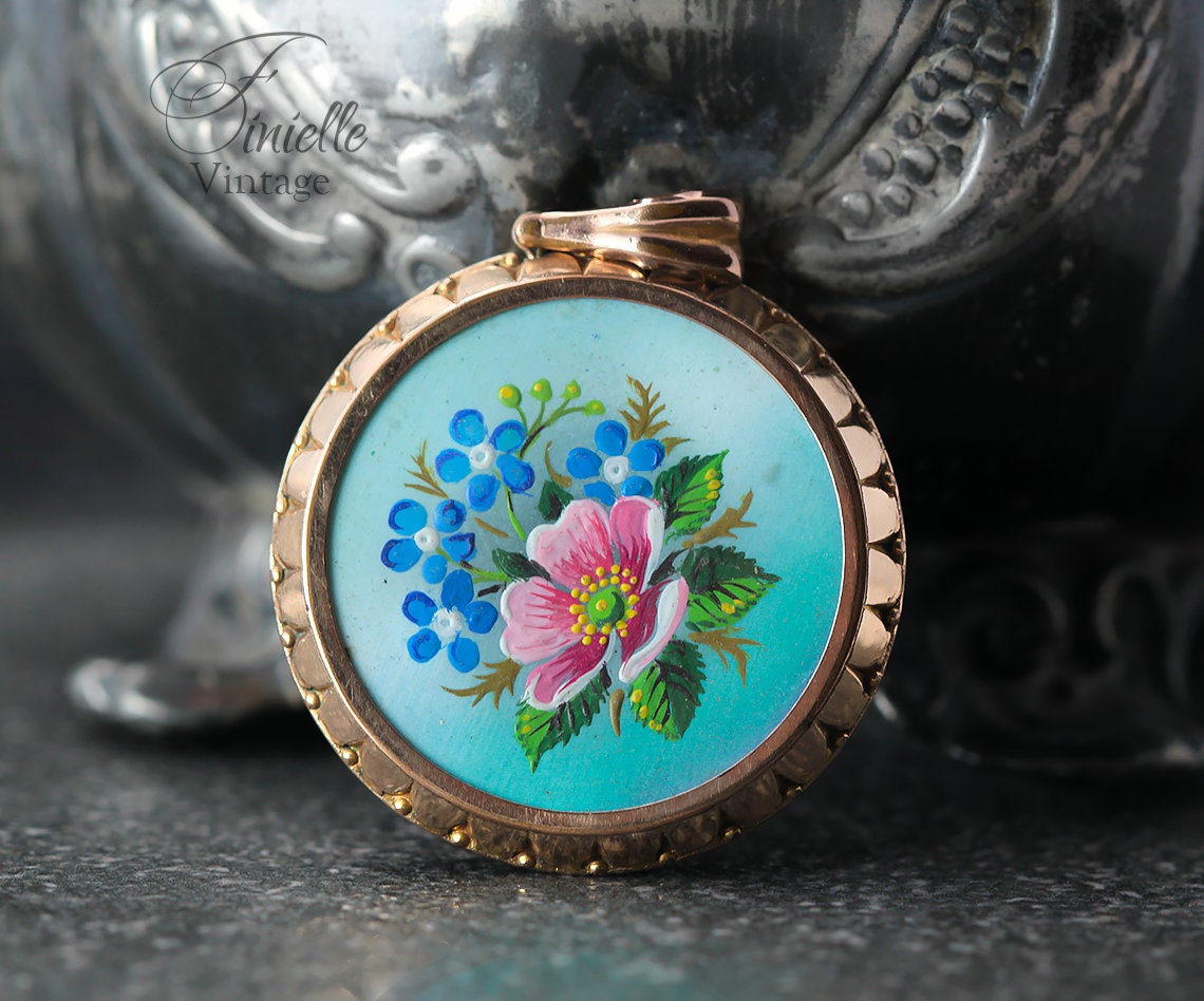 Antique Edwardian c1910 Rolled Rose Gold Micro Hand Painted Front Floral Locket Pendant, Stamped Rolled Gold, Unique Jewelry Jewellery Gift