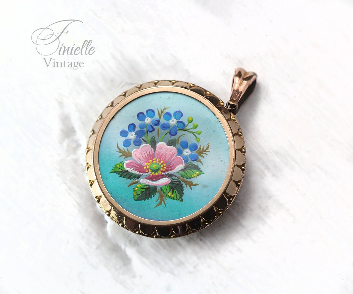 Antique Edwardian c1910 Rolled Rose Gold Micro Hand Painted Front Floral Locket Pendant, Stamped Rolled Gold, Unique Jewelry Jewellery Gift