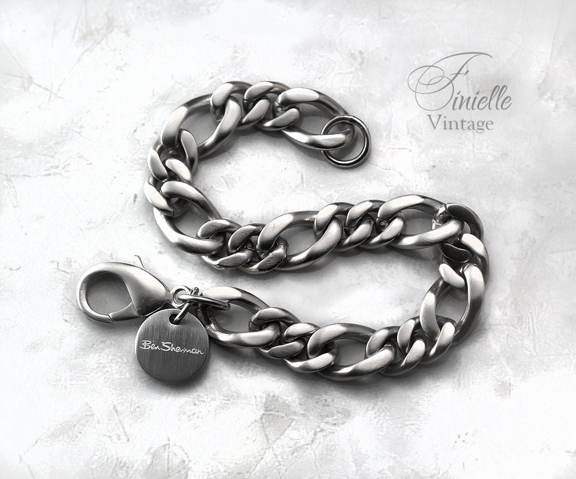 Vintage 1980s Original Ben Sherman Heavy Chunky Stainless Steel Chain Curb Men Bracelet, Silver Tone, Gift Jewelry Jewellery for Him