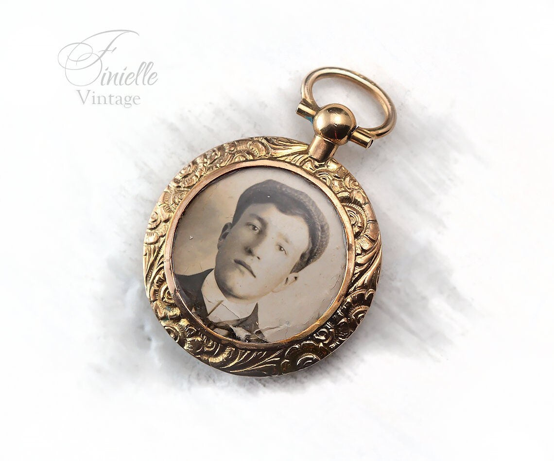 Antique Victorian c1890 Rolled Gold Ornate Locket Pendant, Boy In a Flat Cap, Victorian Era Sepia Photos, Unique Jewelry Jewellery