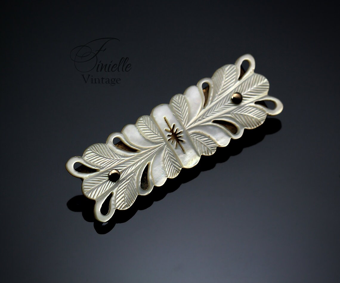 Antique Victorian Era 1880-1900 Hand Carved Mother of Pearl Shell Brooch Pin, Gold Filled Brass, Unique Gift Jewelry Jewellery