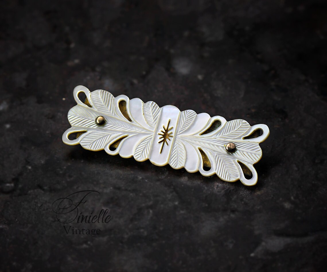 Antique Victorian Era 1880-1900 Hand Carved Mother of Pearl Shell Brooch Pin, Gold Filled Brass, Unique Gift Jewelry Jewellery