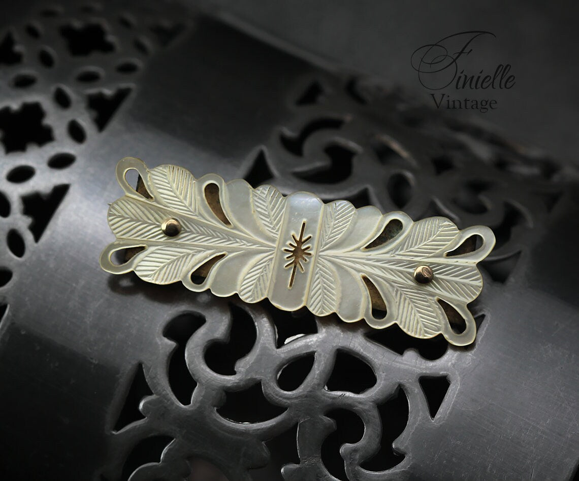 Antique Victorian Era 1880-1900 Hand Carved Mother of Pearl Shell Brooch Pin, Gold Filled Brass, Unique Gift Jewelry Jewellery