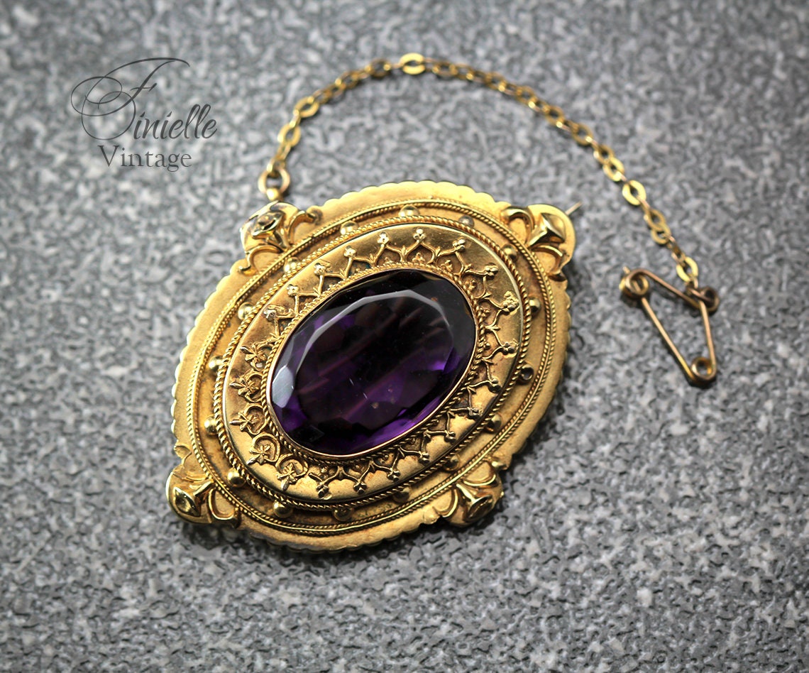 Antique Victorian 1860-1880 Etruscan Revival Locket Gilded Ornate Brooch, Glass Amethyst, Safety Chain, Unique Gift Jewelry Jewellery