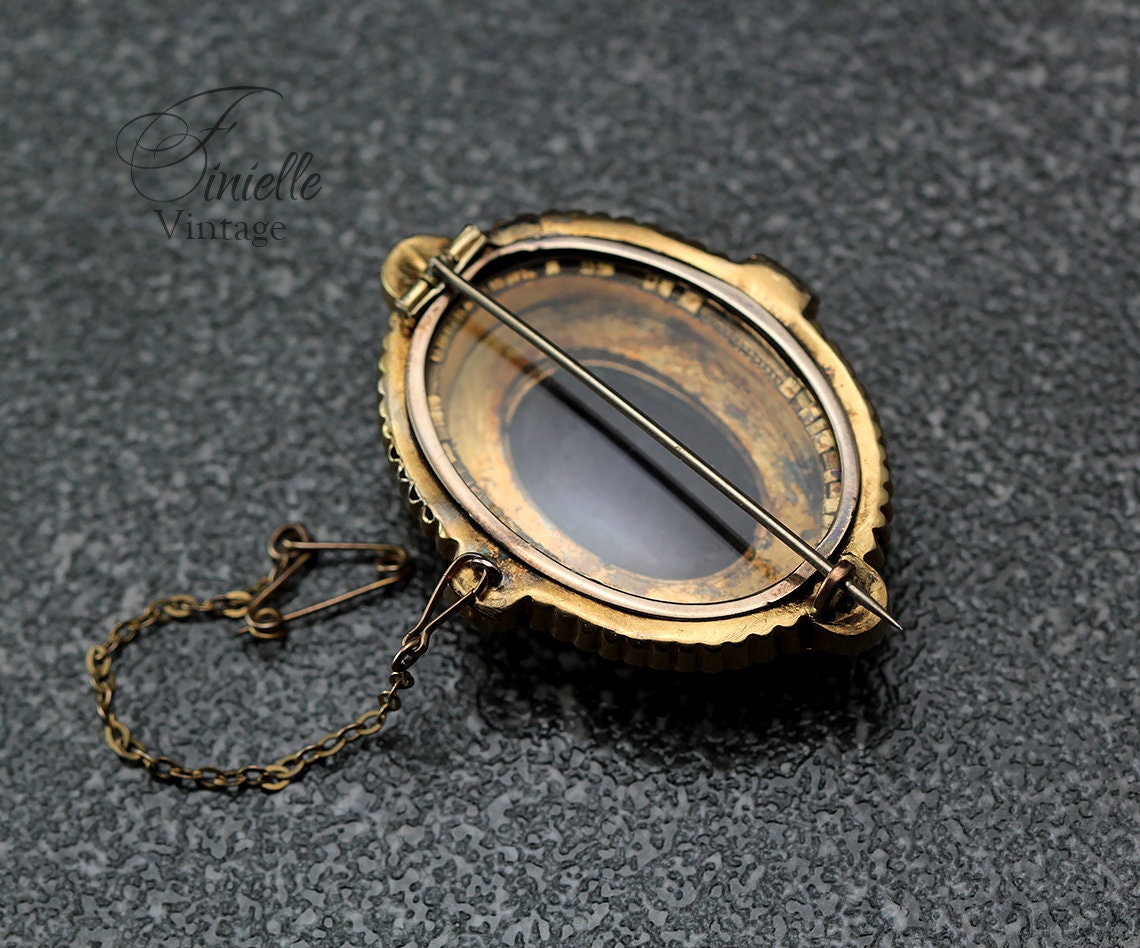 Antique Victorian 1860-1880 Etruscan Revival Locket Gilded Ornate Brooch, Glass Amethyst, Safety Chain, Unique Gift Jewelry Jewellery