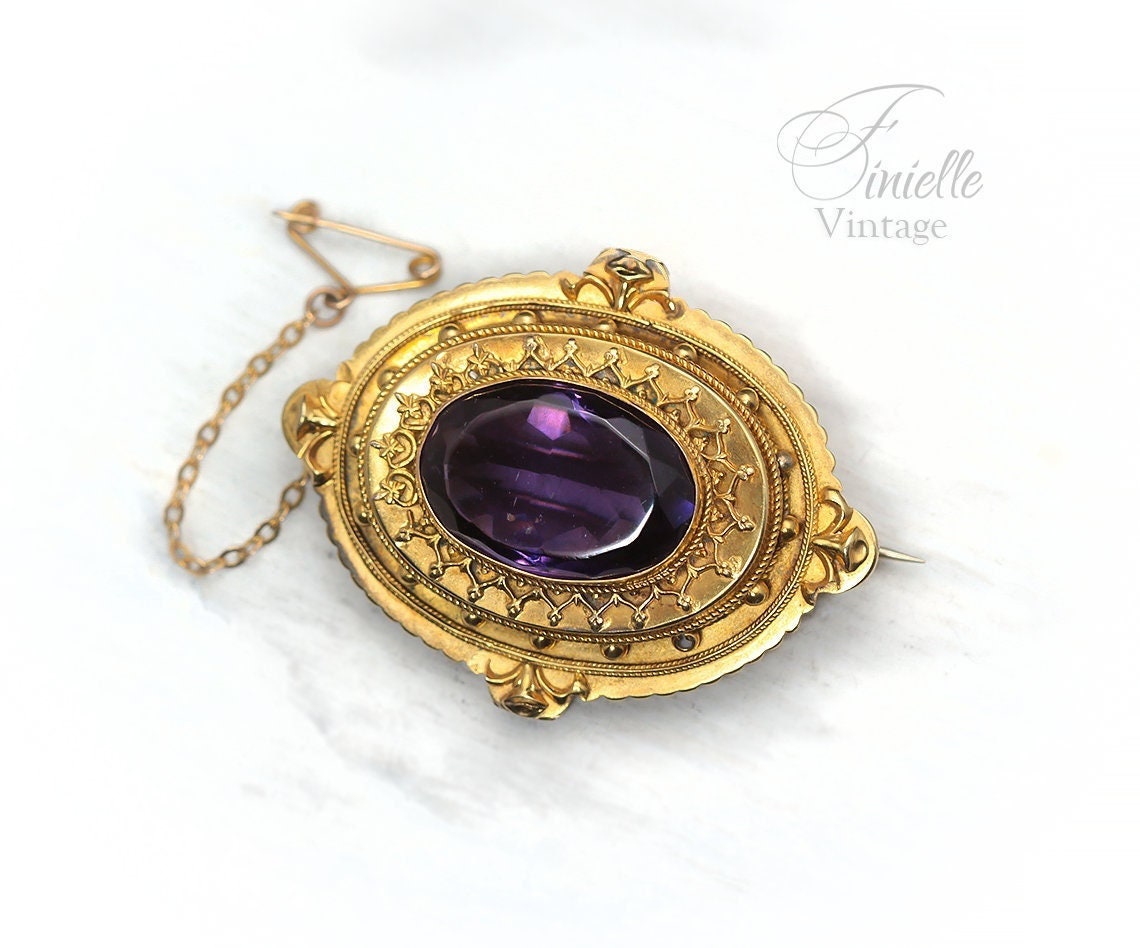 Antique Victorian 1860-1880 Etruscan Revival Locket Gilded Ornate Brooch, Glass Amethyst, Safety Chain, Unique Gift Jewelry Jewellery