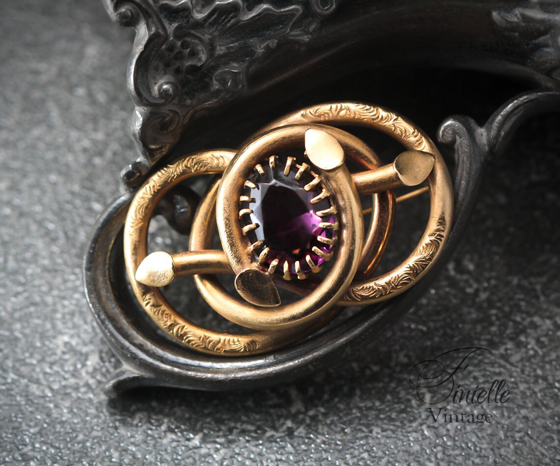 Antique Victorian c1900, 18Ct Gilded Eternal Love Celtic Style Love Knot Large Brooch, Purple Glass Faux Amethyst