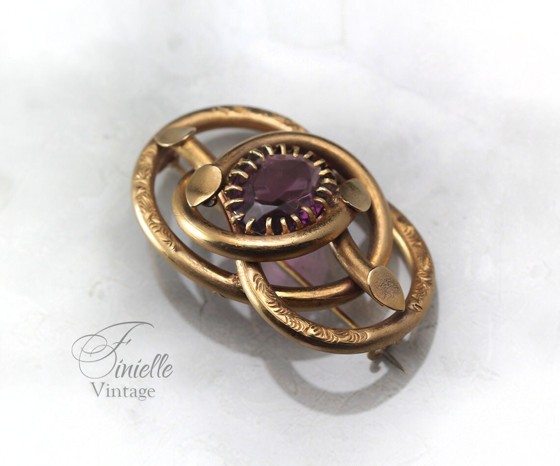 Antique Victorian c1900, 18Ct Gilded Eternal Love Celtic Style Love Knot Large Brooch, Purple Glass Faux Amethyst