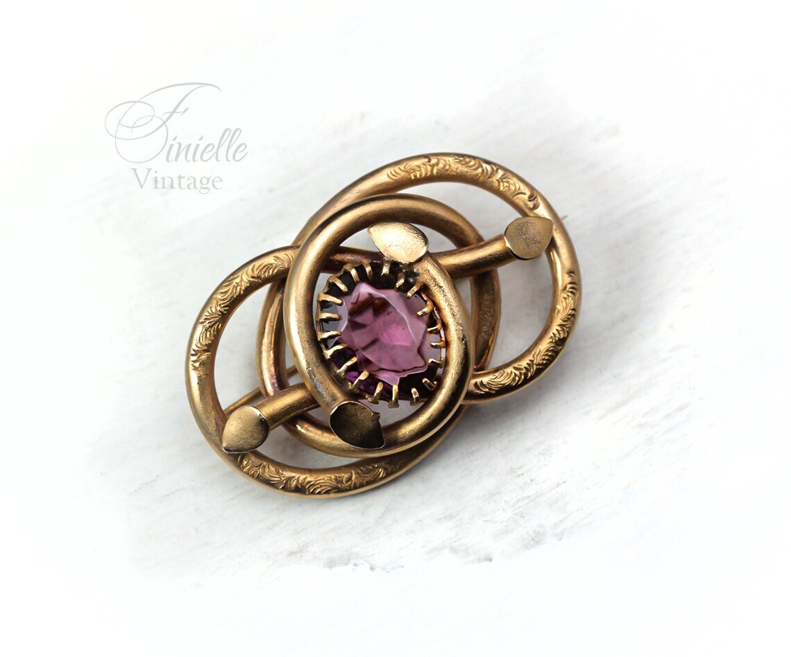 Antique Victorian c1900, 18Ct Gilded Eternal Love Celtic Style Love Knot Large Brooch, Purple Glass Faux Amethyst
