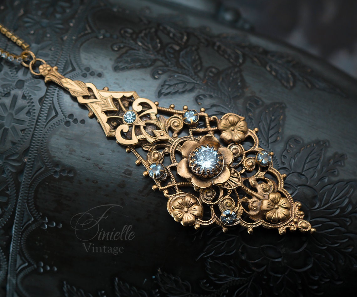 Vintage Antique Art Deco 1915-1930 Floral, Unique Ornate Necklace Pendant, Rhinestones and Cubic Zirconia, Repurposed One, 24K Gold Plated