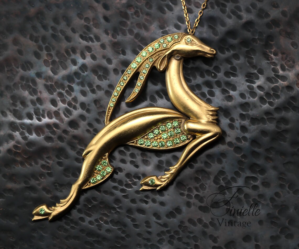Vintage Antique Art Deco 1915-1930 Large Gazelle Necklace Pendant, Repurposed One, Green Rhinestones, 24K Gold Plated, Unique Gift Jewelry