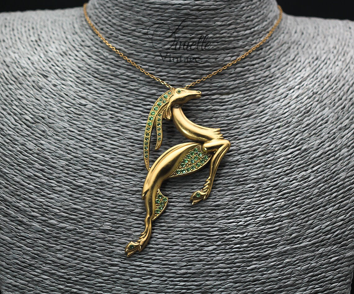 Vintage Antique Art Deco 1915-1930 Large Gazelle Necklace Pendant, Repurposed One, Green Rhinestones, 24K Gold Plated, Unique Gift Jewelry