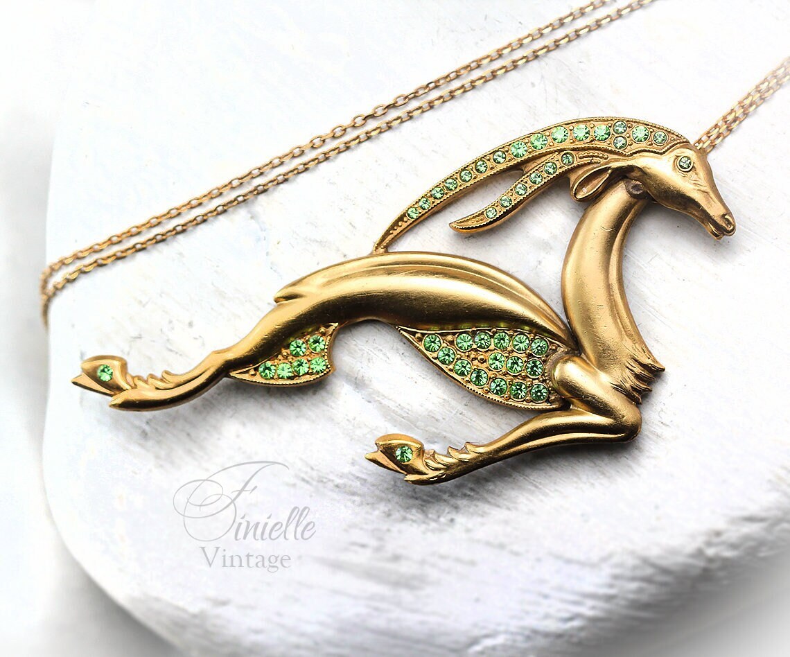 Vintage Antique Art Deco 1915-1930 Large Gazelle Necklace Pendant, Repurposed One, Green Rhinestones, 24K Gold Plated, Unique Gift Jewelry