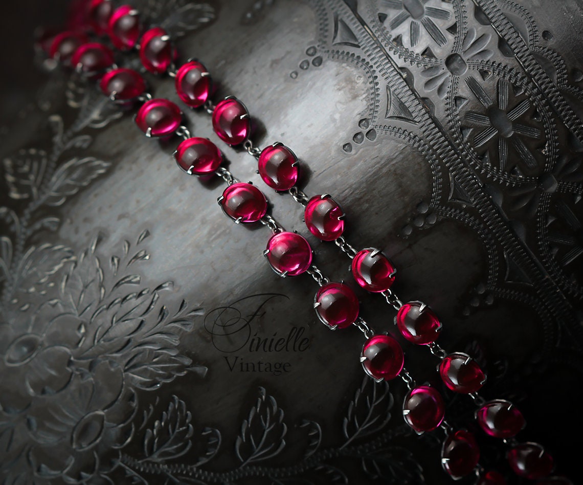 Antique Vintage Art Deco 1920s Ruby Red Glass Cased Paste Riviere Style Necklace, Silver Plated, Unique Gift Jewelry Jewellery