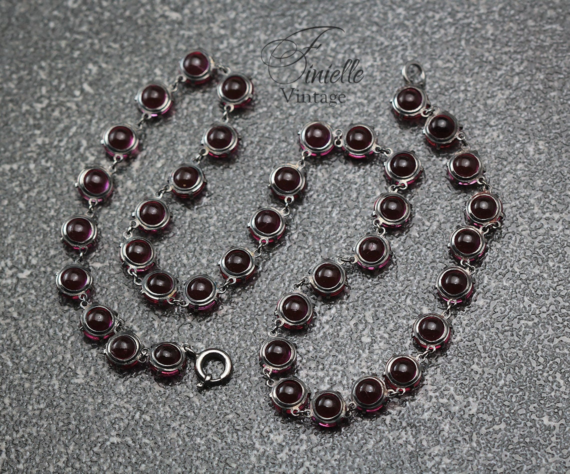 Antique Vintage Art Deco 1920s Ruby Red Glass Cased Paste Riviere Style Necklace, Silver Plated, Unique Gift Jewelry Jewellery