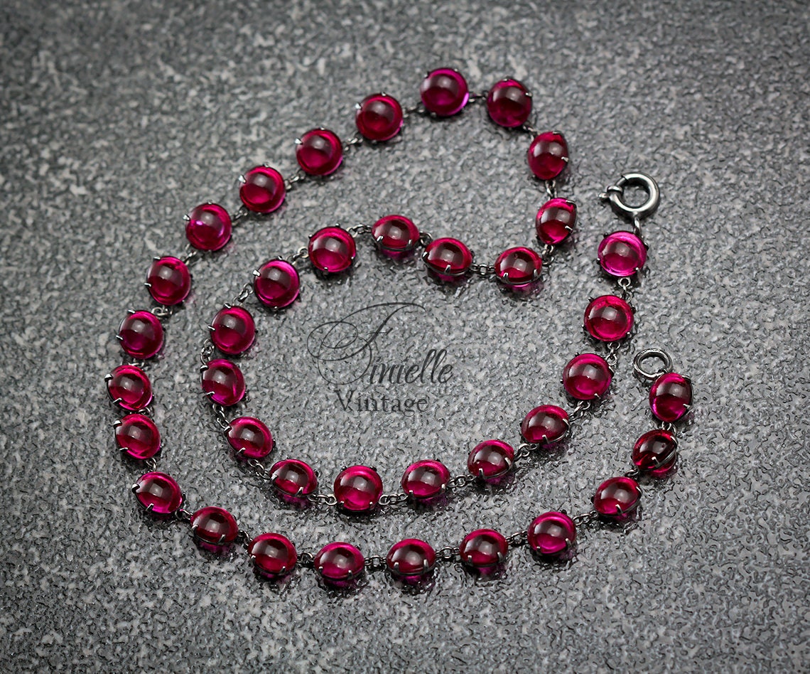 Antique Vintage Art Deco 1920s Ruby Red Glass Cased Paste Riviere Style Necklace, Silver Plated, Unique Gift Jewelry Jewellery