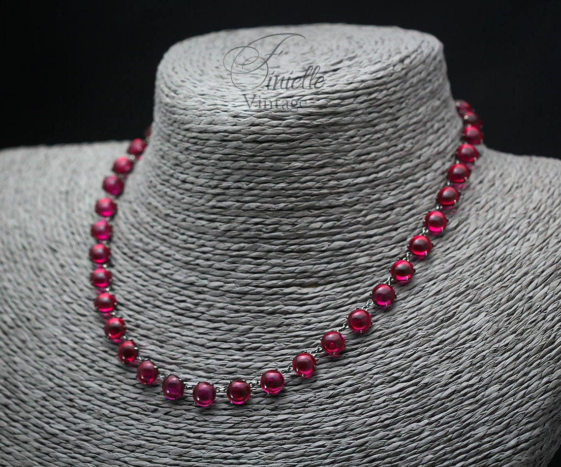 Antique Vintage Art Deco 1920s Ruby Red Glass Cased Paste Riviere Style Necklace, Silver Plated, Unique Gift Jewelry Jewellery