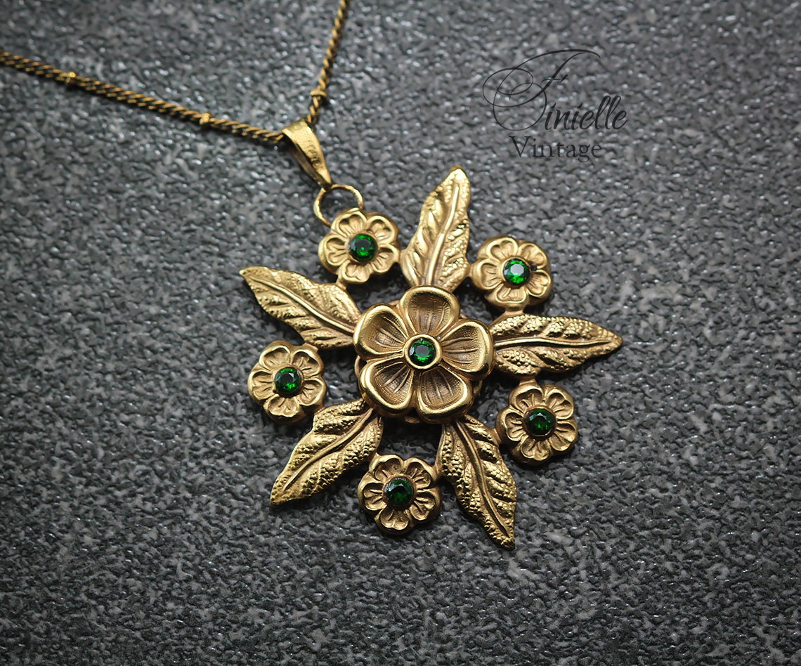 Vintage Art Deco 1915-1930 Floral, Flower Necklace Pendant, Repurposed One, Green Rhinestones, 24K Gold Plated, Unique Gift For Women