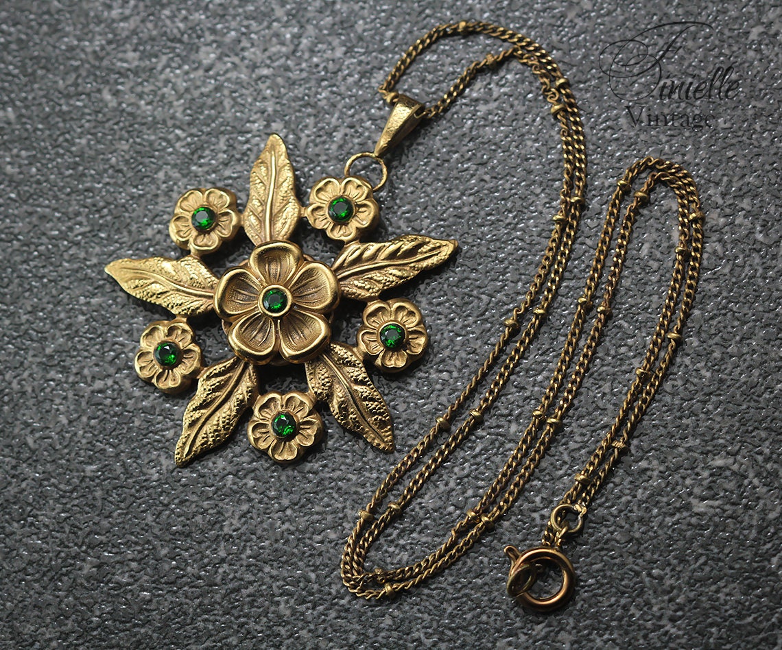 Vintage Art Deco 1915-1930 Floral, Flower Necklace Pendant, Repurposed One, Green Rhinestones, 24K Gold Plated, Unique Gift For Women
