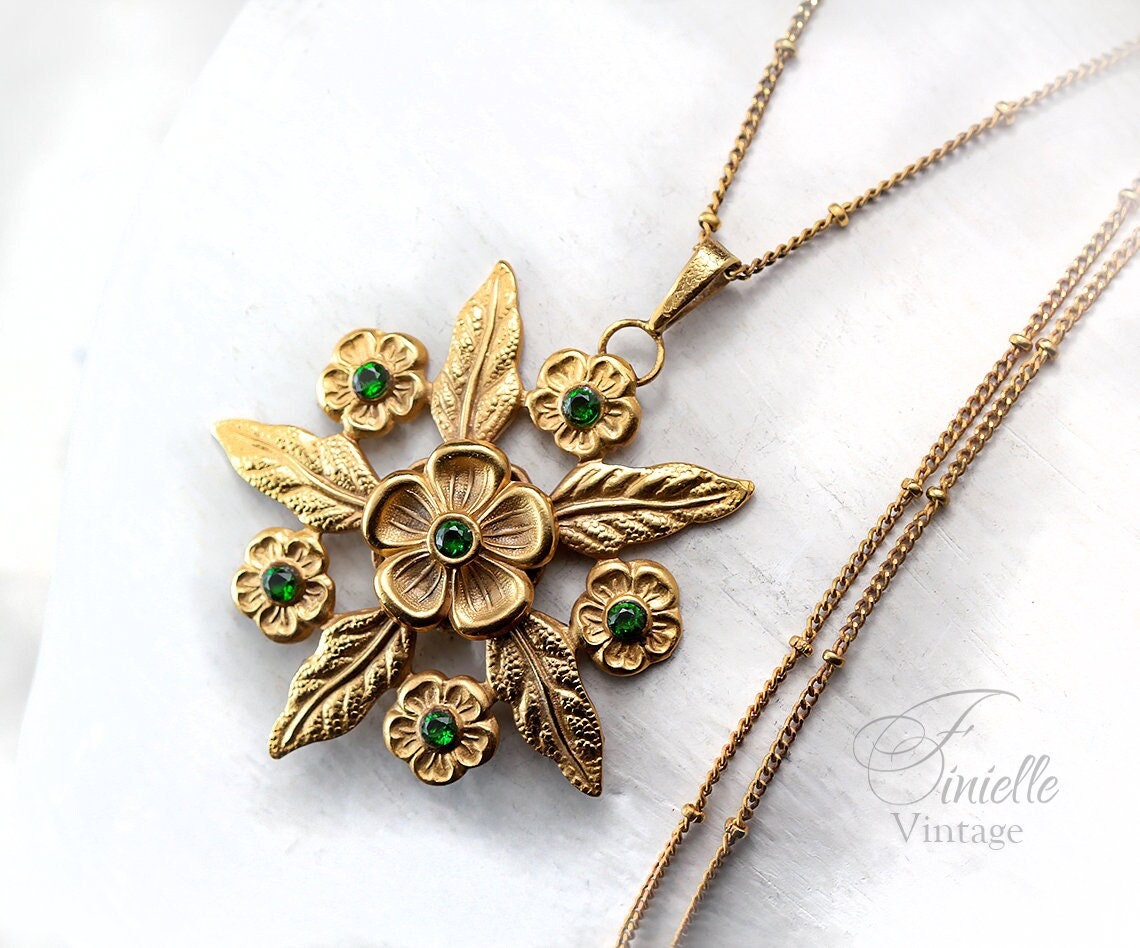 Vintage Art Deco 1915-1930 Floral, Flower Necklace Pendant, Repurposed One, Green Rhinestones, 24K Gold Plated, Unique Gift For Women