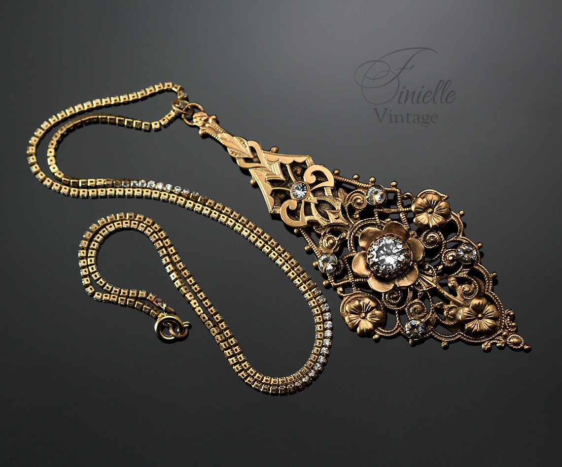 Vintage Antique Art Deco 1915-1930 Floral, Unique Ornate Necklace Pendant, Rhinestones and Cubic Zirconia, Repurposed One, 24K Gold Plated