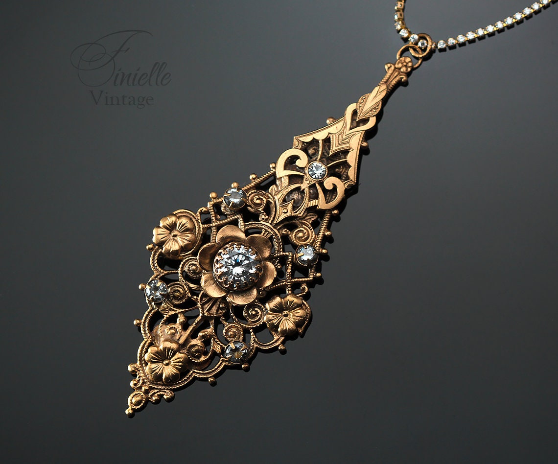 Vintage Antique Art Deco 1915-1930 Floral, Unique Ornate Necklace Pendant, Rhinestones and Cubic Zirconia, Repurposed One, 24K Gold Plated