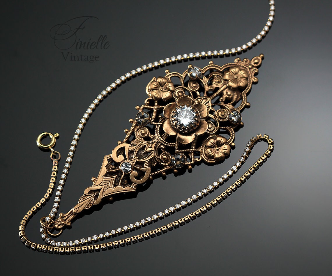 Vintage Antique Art Deco 1915-1930 Floral, Unique Ornate Necklace Pendant, Rhinestones and Cubic Zirconia, Repurposed One, 24K Gold Plated