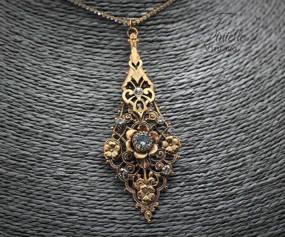 Vintage Antique Art Deco 1915-1930 Floral, Unique Ornate Necklace Pendant, Rhinestones and Cubic Zirconia, Repurposed One, 24K Gold Plated